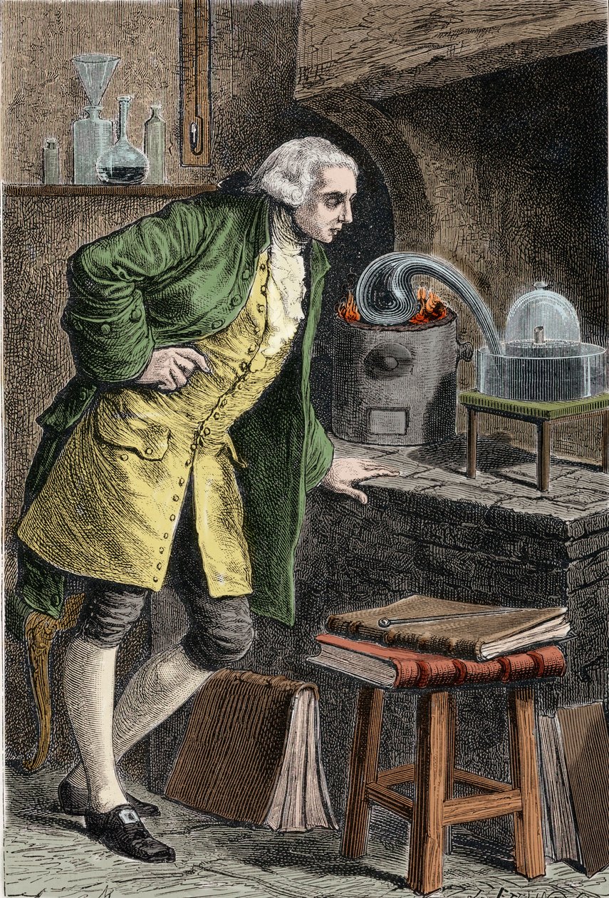Antoine Laurent Lavoisier investigating the existence of oxygen in the air: experiment in which he obtained mercuric oxide. Engraving of the 19th century by Unknown artist