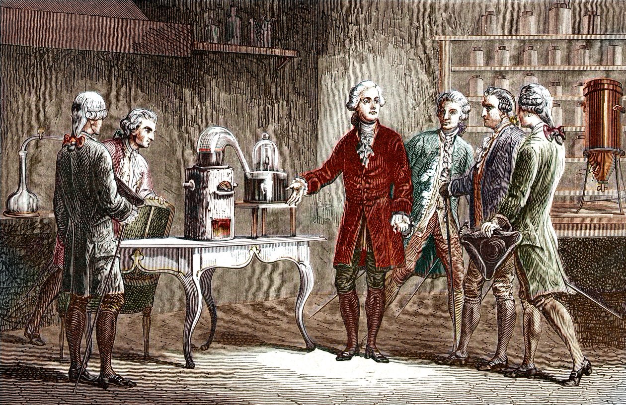 Antoine Laurent Lavoisier (1743-1894) Demonstrating the Decomposition of Air in 1776 - Antoine Laurent Lavoisier, English Chemist, Showing Fellow Scientists His Experiment Which Revealed the Composition of Air in 1776 - Engraving from Louis Figuier by Unknown artist