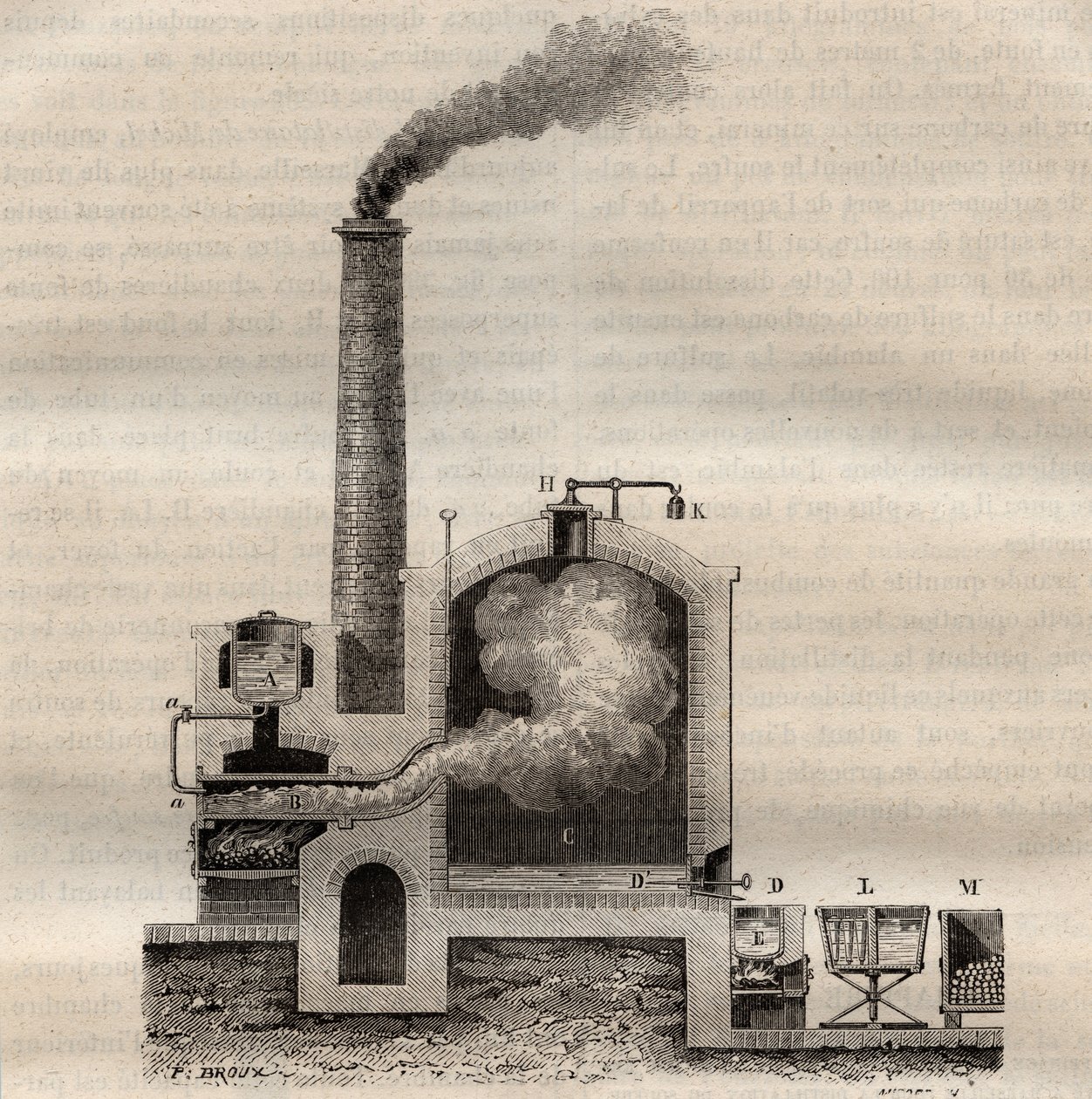 Apparatus for the distillation of crude sulphur - engraving in 