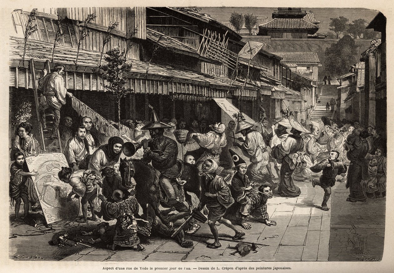 Appearance of a street in Edo (Tokyo) on the first day of the year, the transvestite inhabitants walk around and children