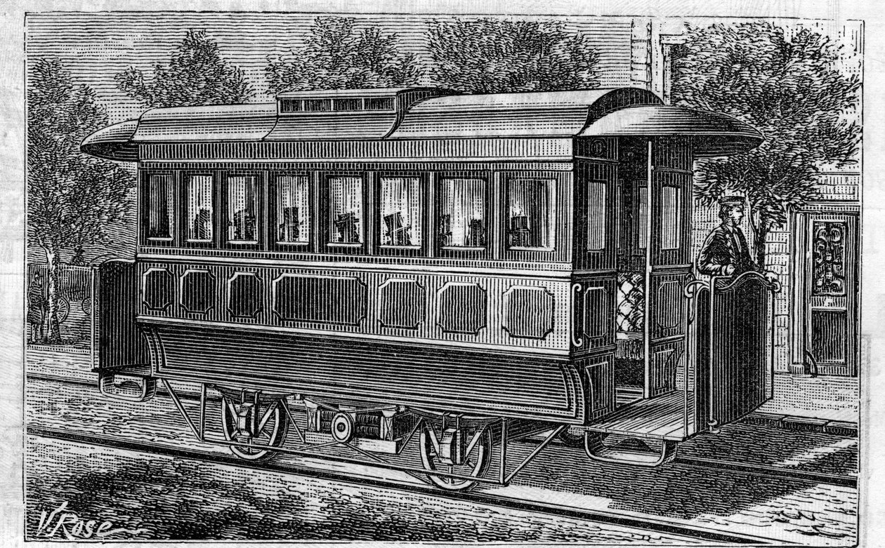 Application of Faure Batteries: Electric Tramway, Model of the Company of Omnibus, Powered by Batteries. Engraving in Le Monde Illustre by Unknown artist