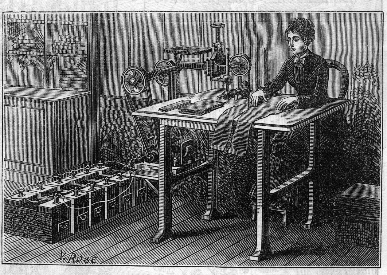 Application of Faure batteries: cutting machine for fabric operated by the accumulator. Engraving in 