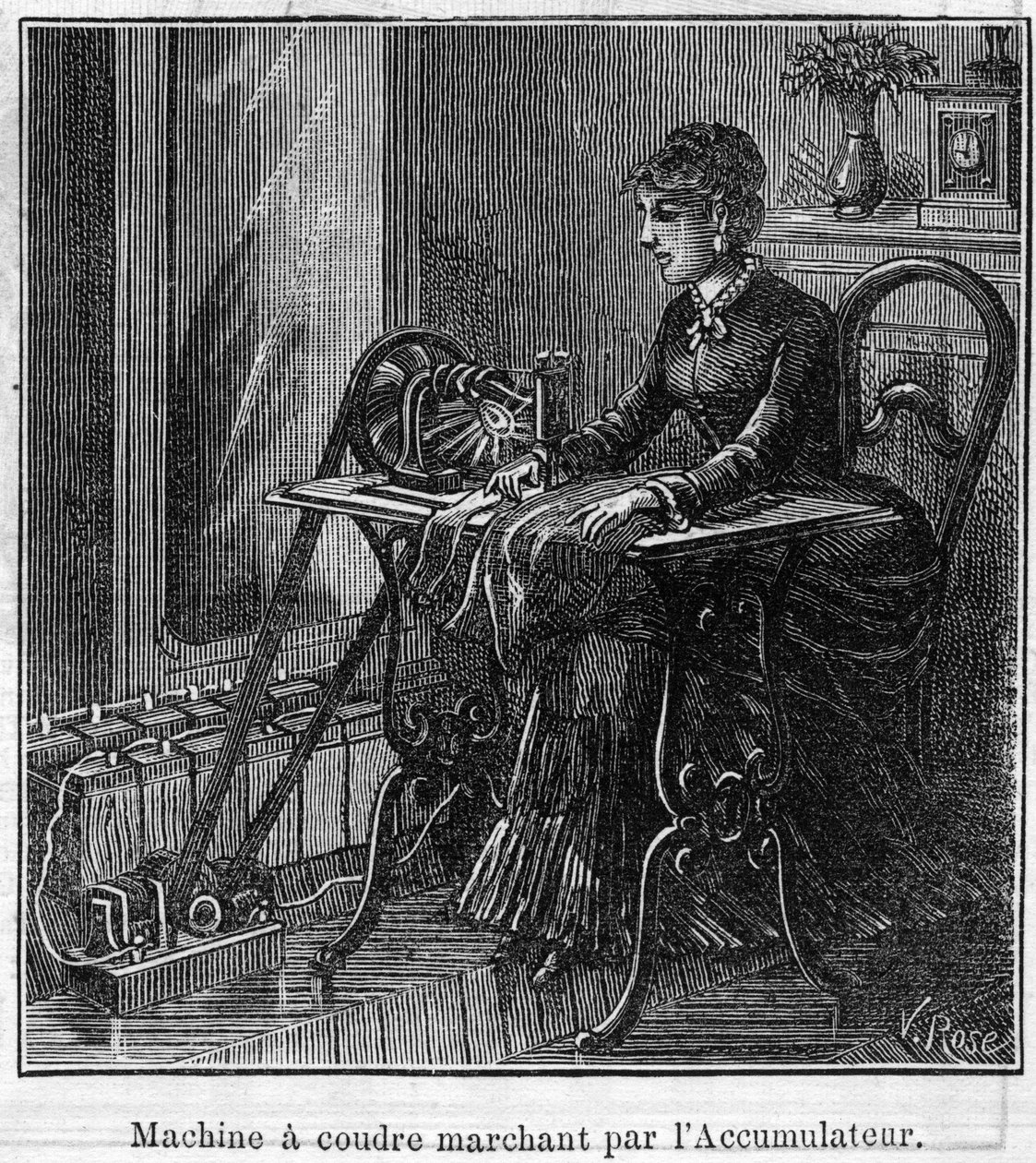 Application of Faure batteries: electric sewing machine walking through the accumulator. Engraving in 
