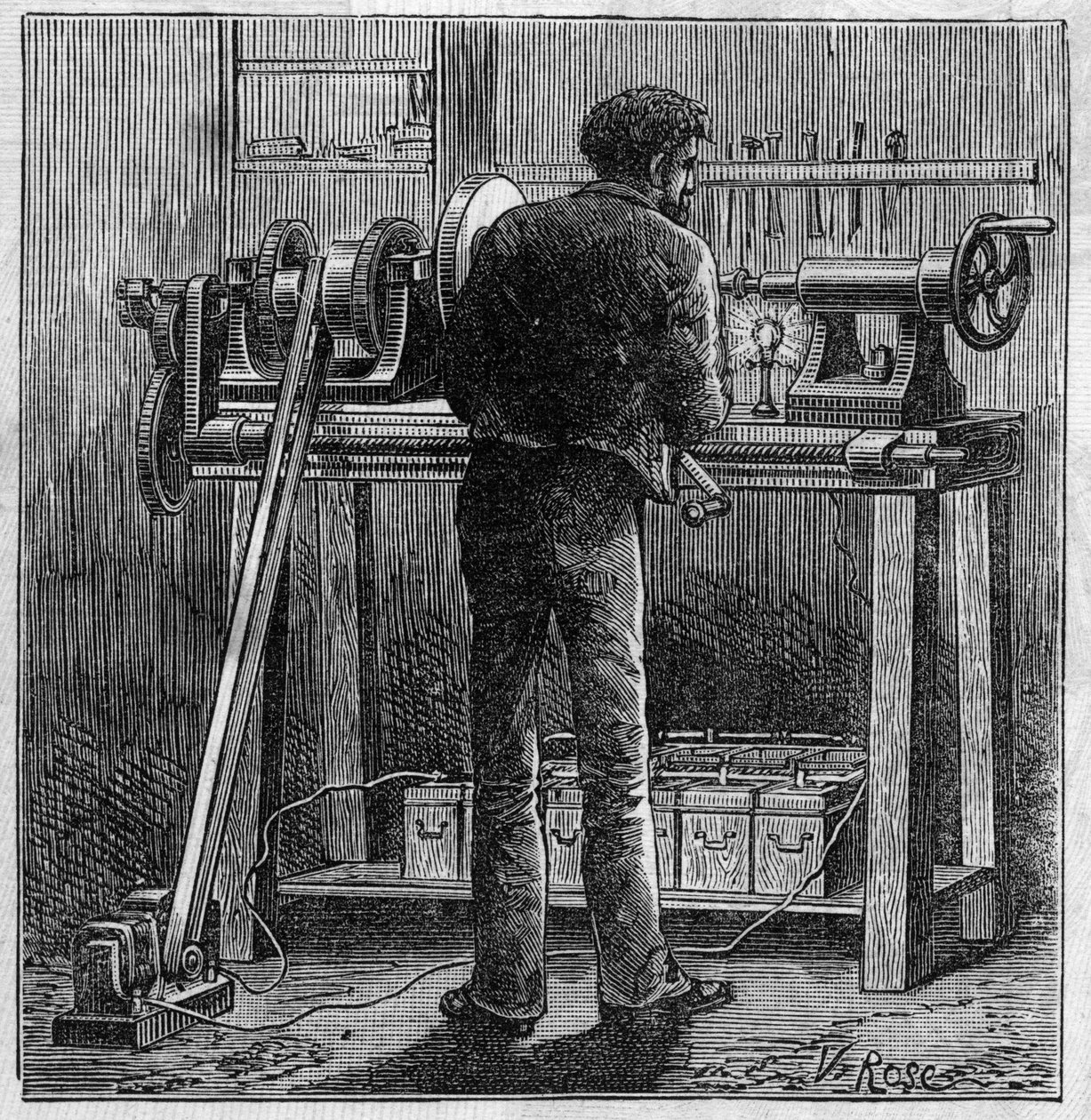 Application of Faure batteries: turn of a craftsman powered by the accumulator. In Le Monde Illustre by Unknown artist
