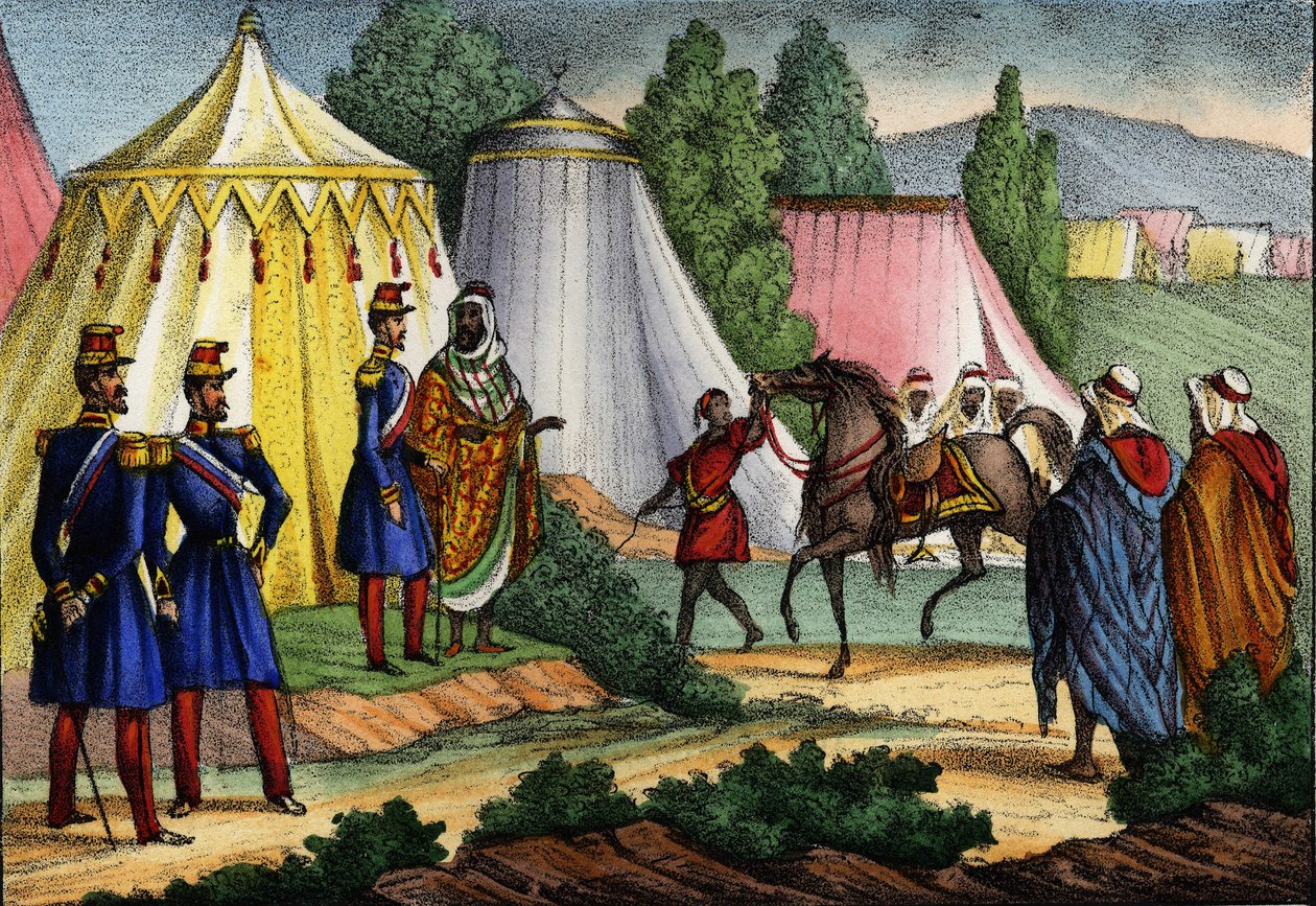 Arab leader offering a horse to an officer of the French army of Africa, Algeria by Unknown artist
