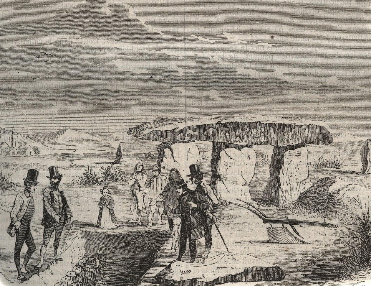 Archeological excavations: discovery of Gaul tombs near the Dolmen de la Pierre aux Fees in the Oise. Engraving from 1856 in 