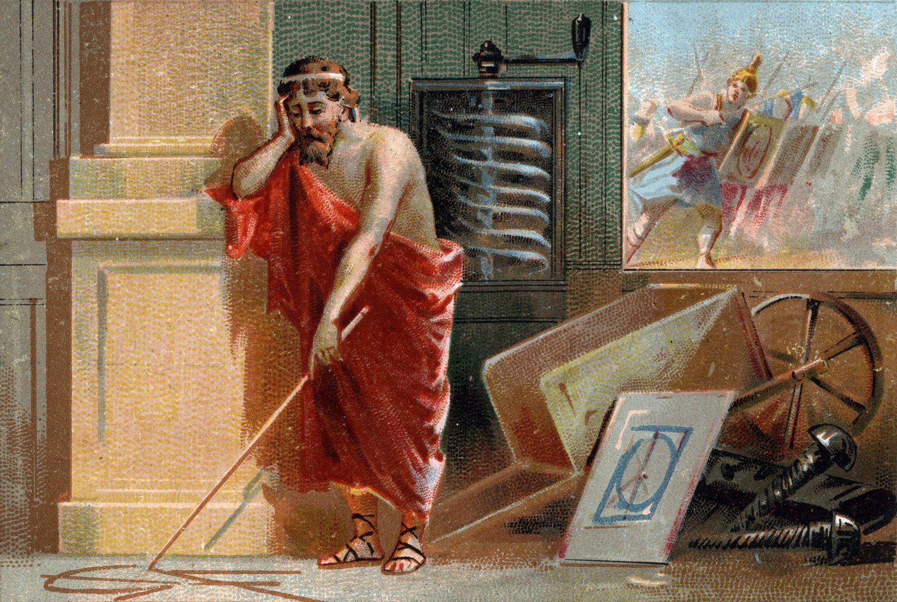 Archimedes of Syracuse (287- 212 BC) plotting geometric shapes on the ground, soon to be stopped by Roman soldiers at the bottom of the scene. In his workshop one can recognize his various inventions: the screw and the wheelbarrow. Chromolithography of the by Unknown artist