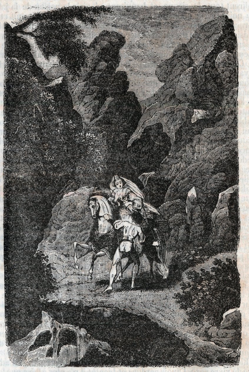 Argie attacked by the orders of his bridegroom - engraving of 1851 from Furious Roland (Orlando furioso) (16th century) by Ludovico Ariosto, known as the Ariosta - Edition translated from Italian by the Count of Tressan and published by Gustave Harvard by Unknown artist