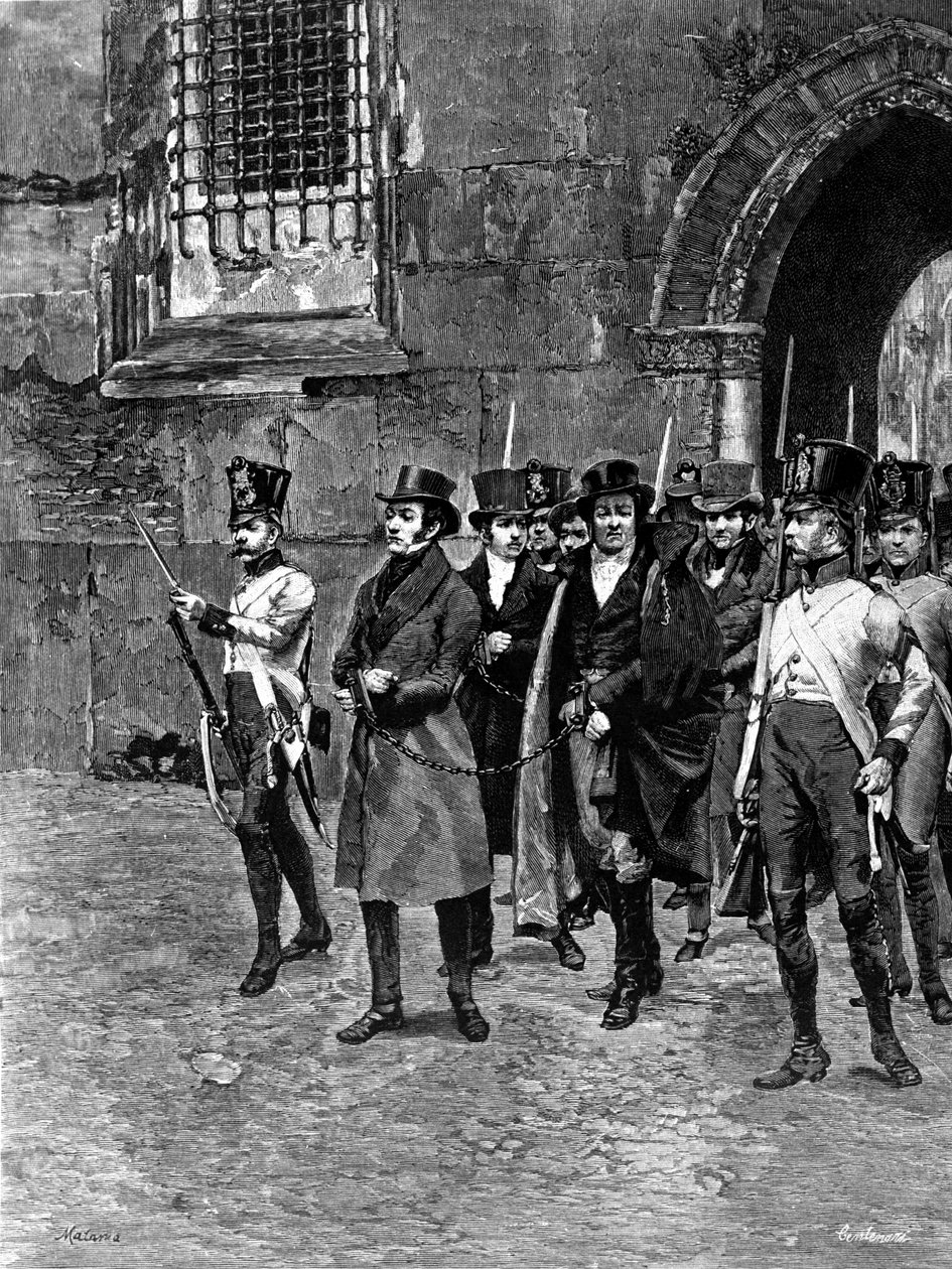 Arrest of Carbonari from Veneto Lombardy. Illustration of Matania. Engraving of the 19th Century by Unknown artist