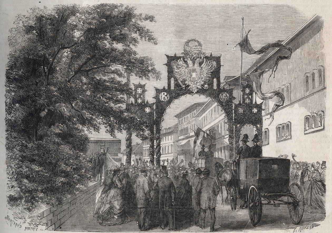 Arrival of Empress Elisabeth of Austria (Sissi) in Bad Kissingen (Spa) in 1865 (engraving in 