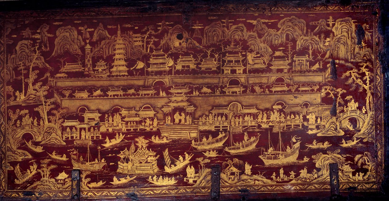 Arrival of the Portuguese in Nanjing, China. Box cover covered with red and gold paint. 17th century by Unknown artist