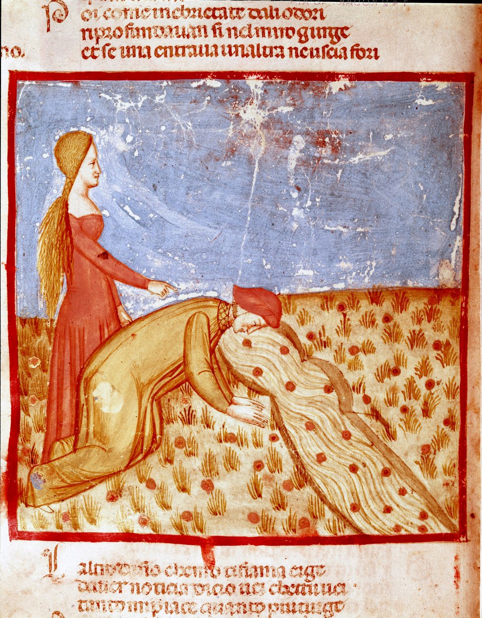At the entrance of Paradise, Dante meets Mathelda, and drinks water from the Eunoe River, which makes the memory of good things accomplished. Illuminated page illustrating a song of Paradise from the 