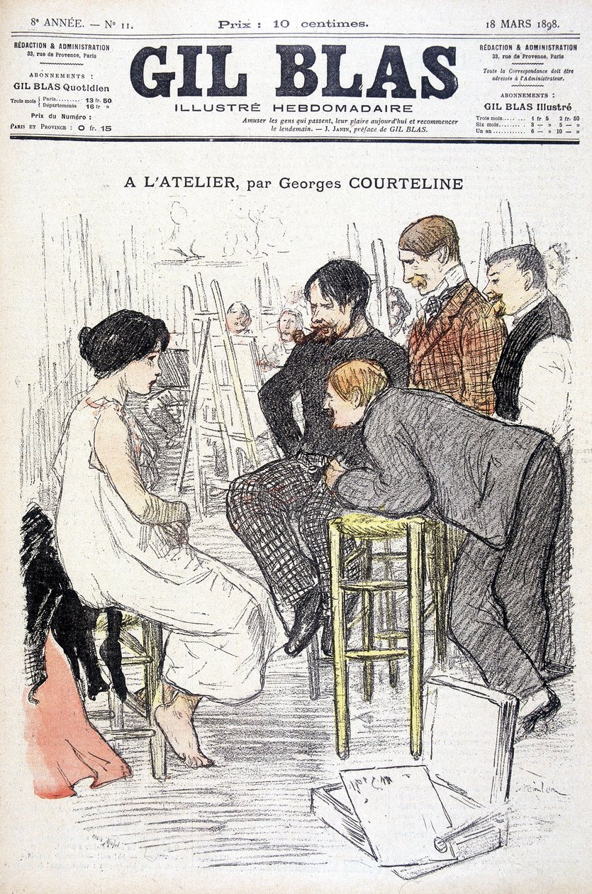At the Workshop by Georges Courteline. Man Watching a Woman Posing in a Workshop. In 