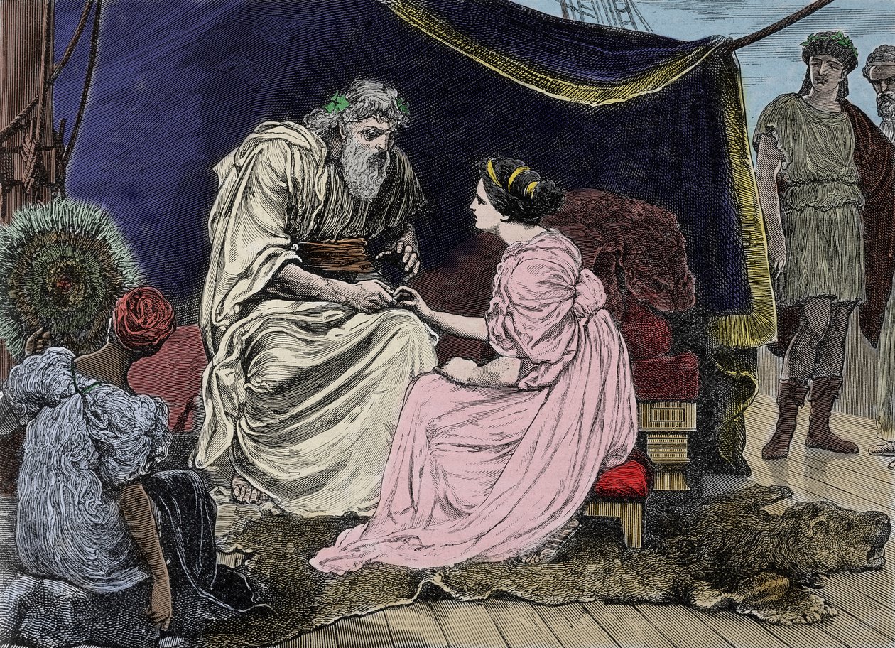 Athenian statesman Pericles, a supporter of democracy, with his daughter Marine. Engraving of the 19th century by Unknown artist