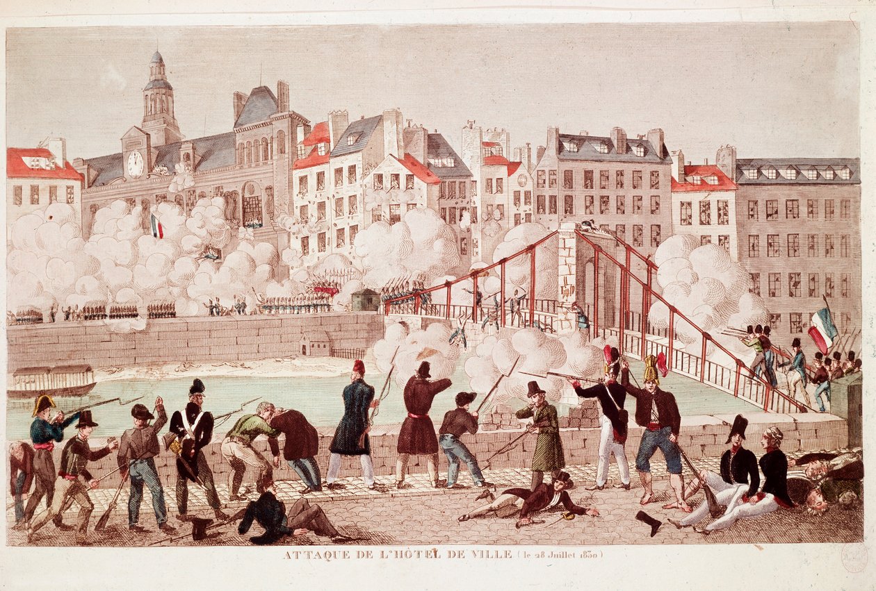 Attack of the Town Hall of Paris and the battle of the bridge of Arcola, 28 July 1830 (engraving) by Unknown artist