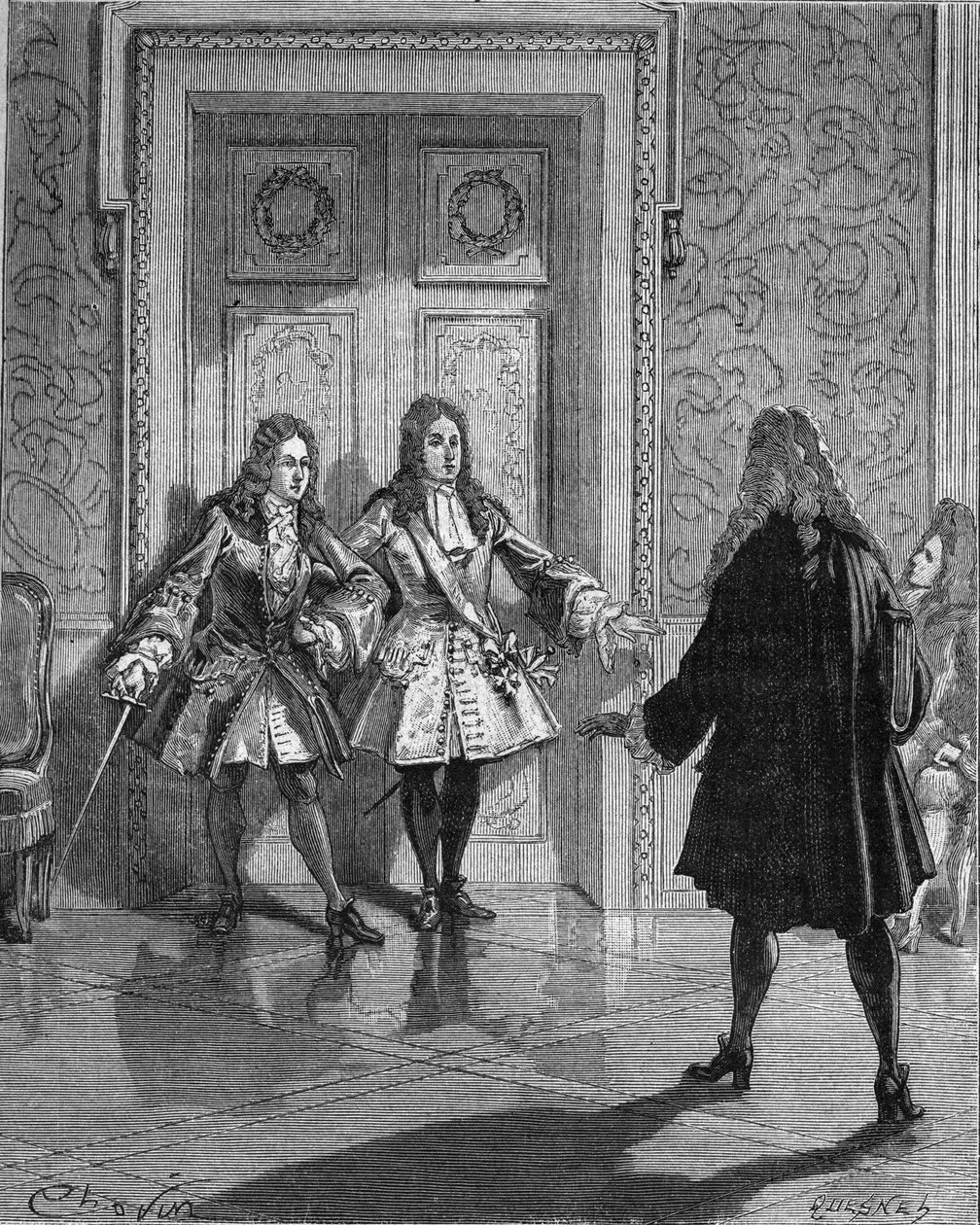 August 1718: Saint Simon (Saint-Simon) (Louis de Rouvroy, Duke of) (1675-1755) Blocking the Passage to the Duke of Maine (Louis Auguste (Louis-Auguste) of Bourbon) (1670-1736). Engraving of the 19th Century. In 