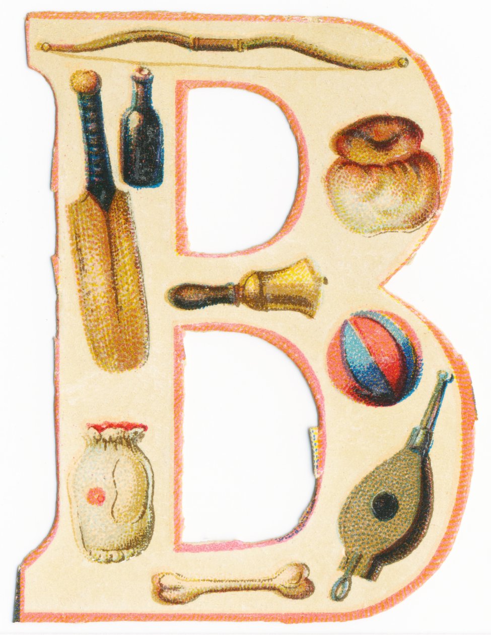 Bow, bat of baseball, bottle, brioche, bell, balloon, bone, bag, bellows by Unknown artist