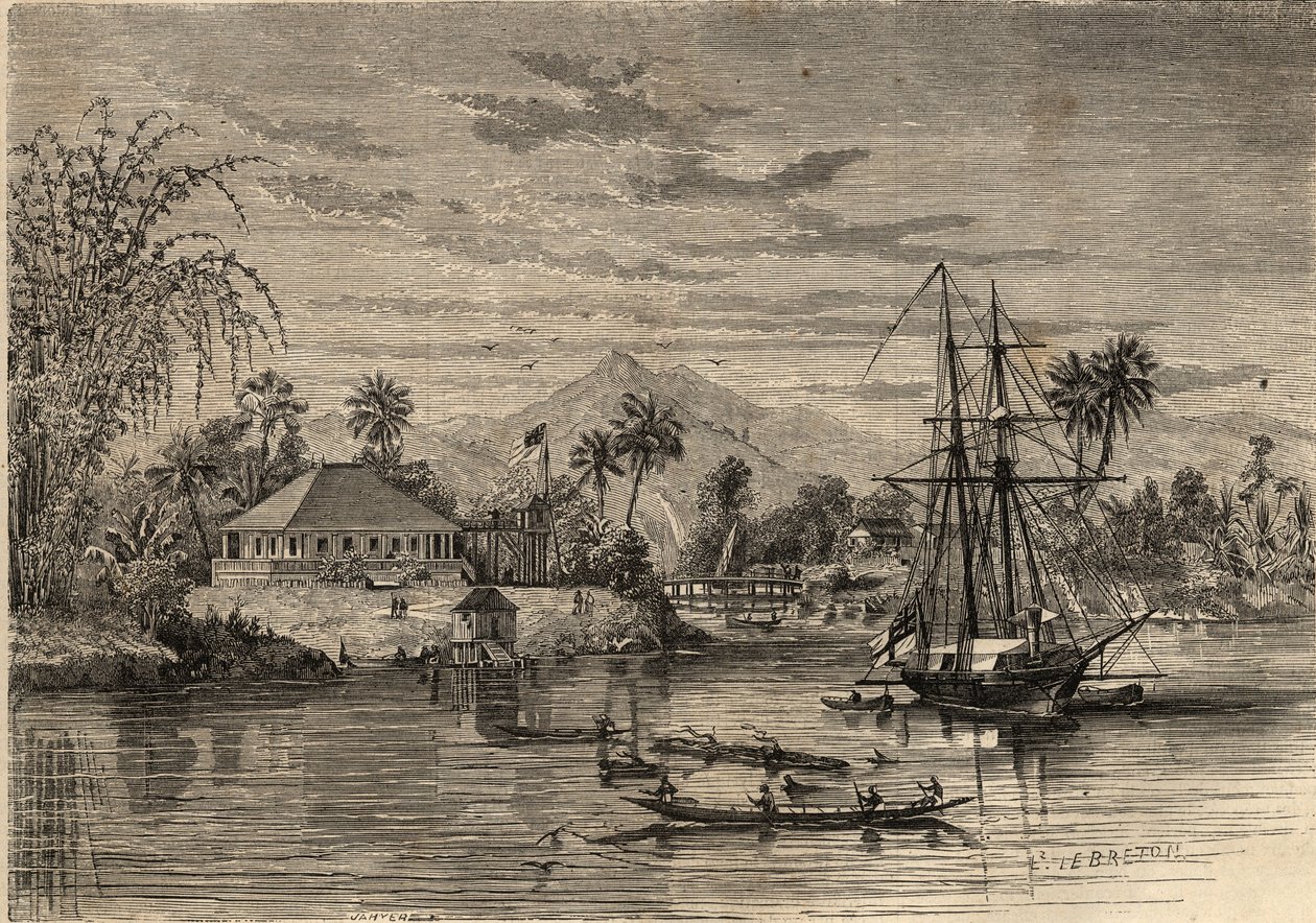 Bangalow, home of Sir James Brooke, known as the Rajah of Sarawak, British adventurer first white rajah of Sarawak in the vicinity of Sarawak, Borneo. Engraving in 