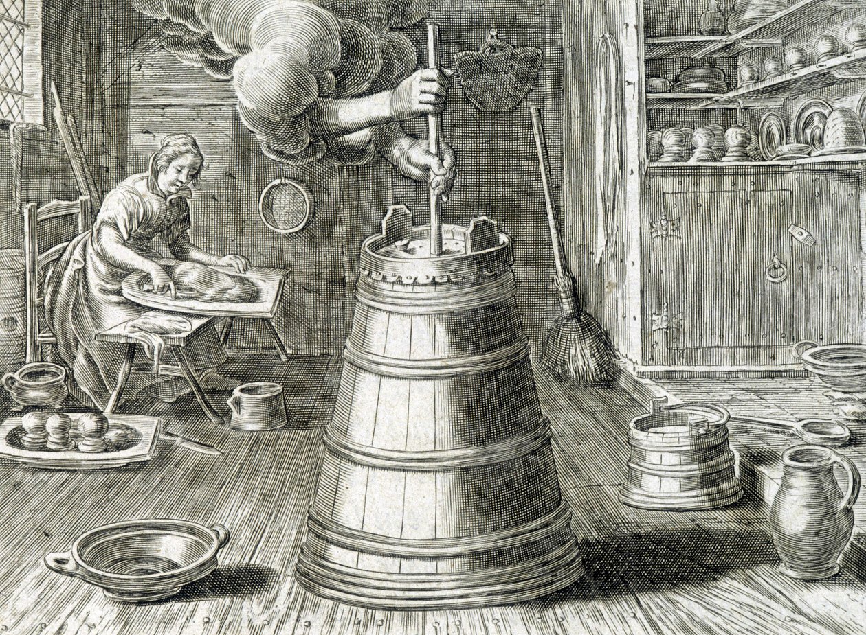 Churn for butter and cheese making - engraving by Unknown artist