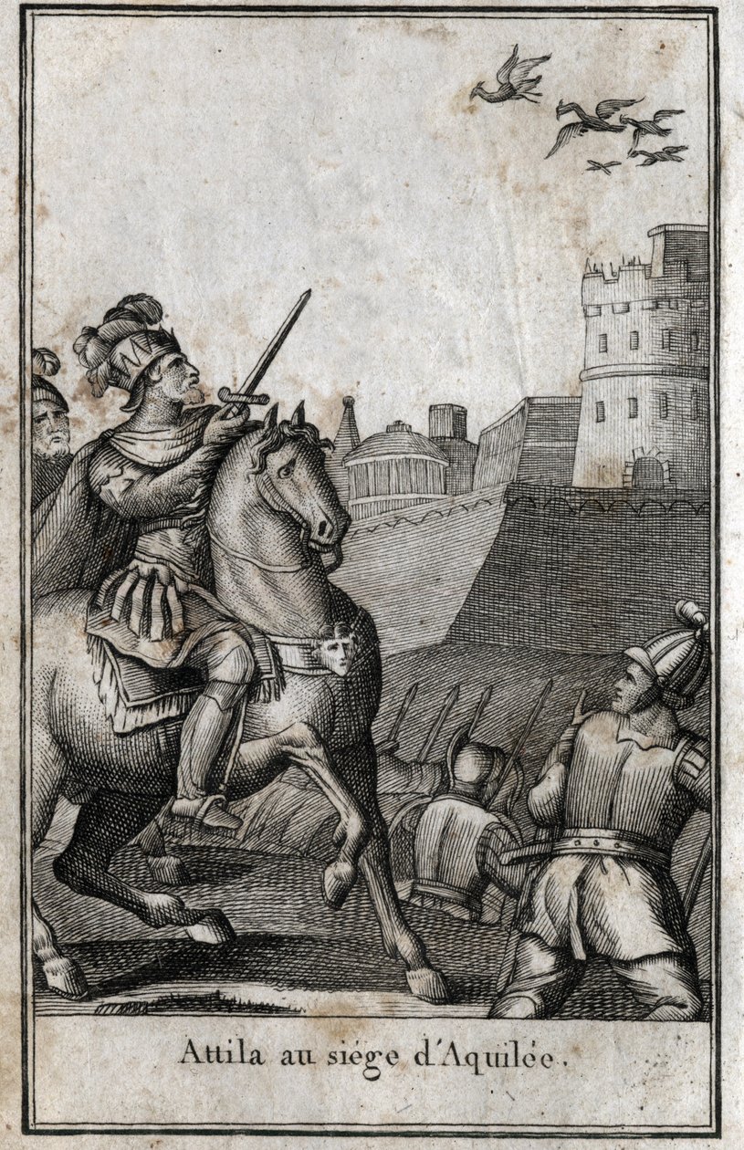 Barbarian invasions - Attila, king of the Huns, during the siege of Aquileia in Italy, 452. Engraving in 