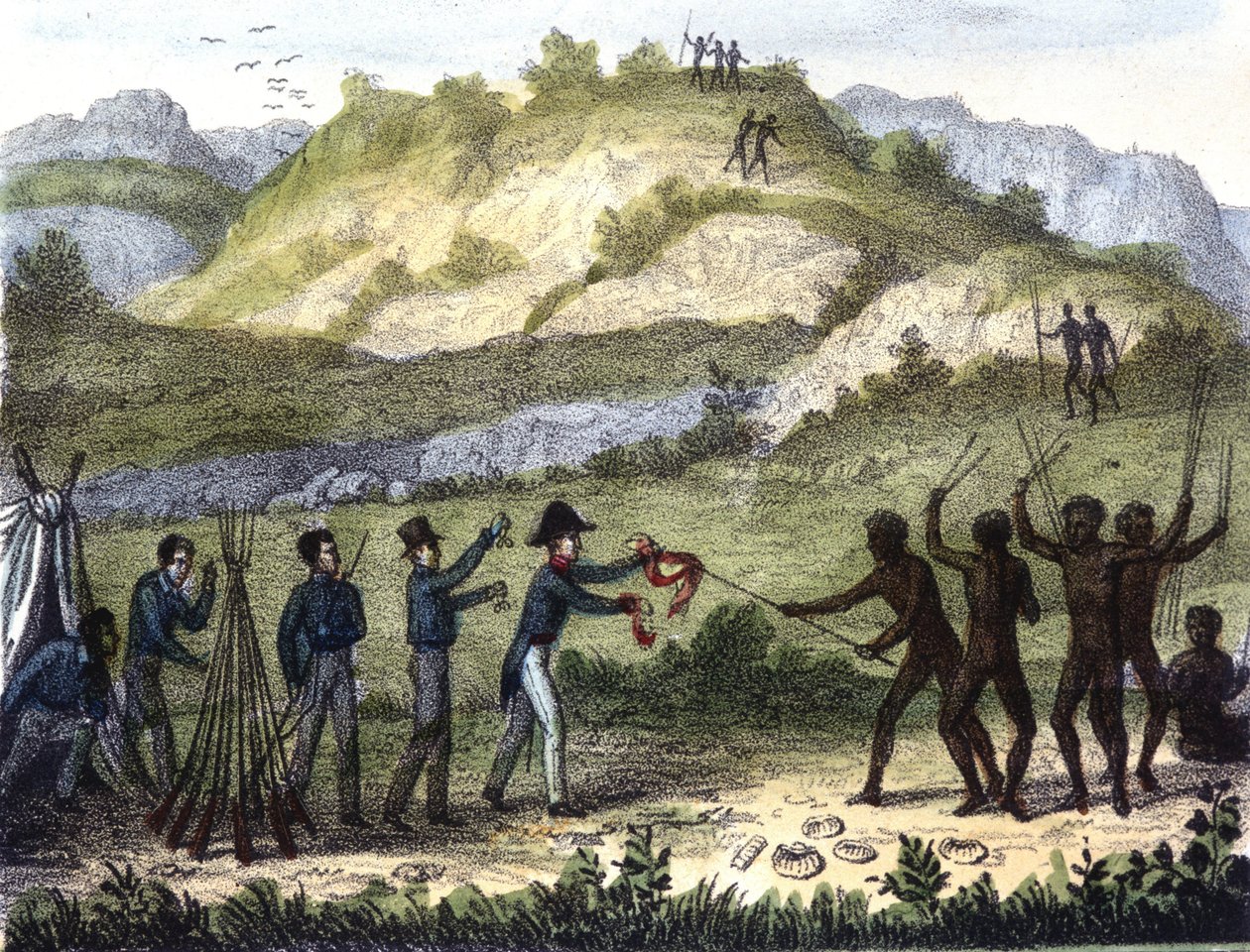 Barter scene between the natives and the westerners by Unknown artist