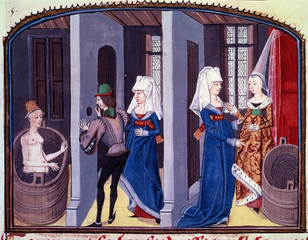 Bath scene. A voyeur spying through a hole in the wall a naked woman has her toilet by Unknown artist