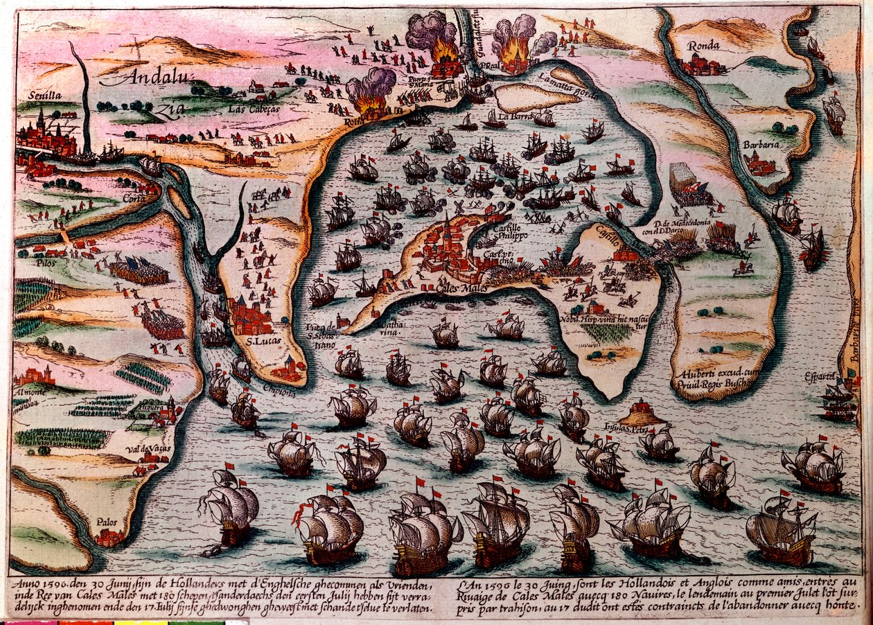 Battle Plan of Cales Males (Spain) on 30 June 1596. The fleet of the Dutch and English army enters as friends at Cales Males with 180 ships. The next day 1 July, surprised by treason, they had to abandon the city with shame. Engraving by Unknown artist