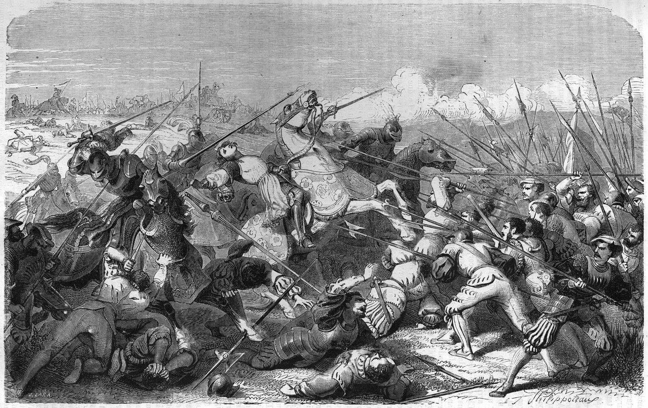Battle of Ravenna, death of Gaston of Foix Duke of Nemours on 11 April 1512. Engraving of the 19th century by Unknown artist