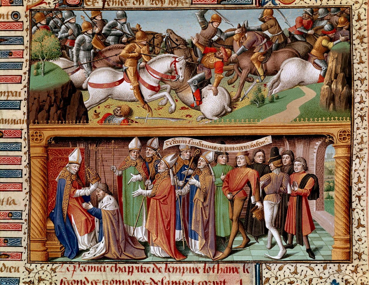 Battle scene and coronation of Emperor Lothary II of Supplinburg (or Lothary III of the Holy Empire, Emperor of the Holy Roman Empire) (1075-1137) from 