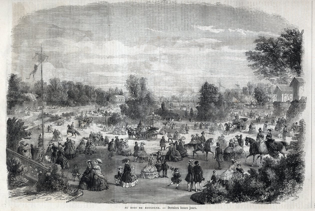 Beautiful days at the Bois de Boulogne in Paris. Engraving in 