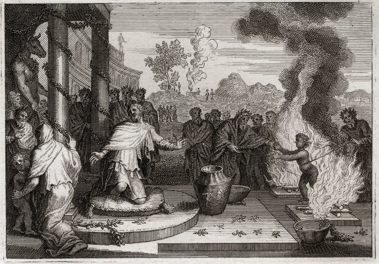 Bible of Royaumont, Old Testament: Ahaz Unholy King. The wicked Ahaz, King of Judah, irritates God, and is delivered to the enemies. Illustration from 1811 by Unknown artist