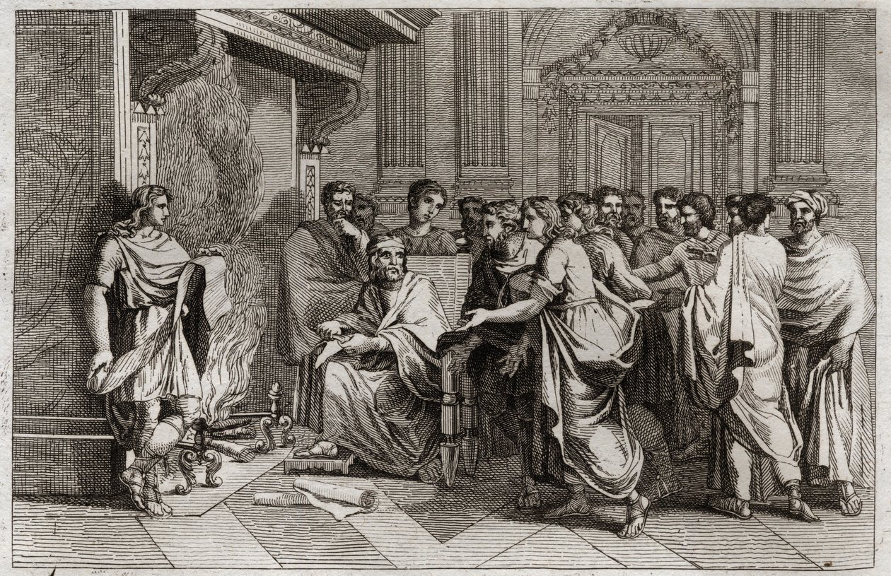 Bible of Royaumont, Old Testament: Baruch prophet. King Joachim (Joakim, Joachin, Jechonias) cuts the scroll containing Jeremiah