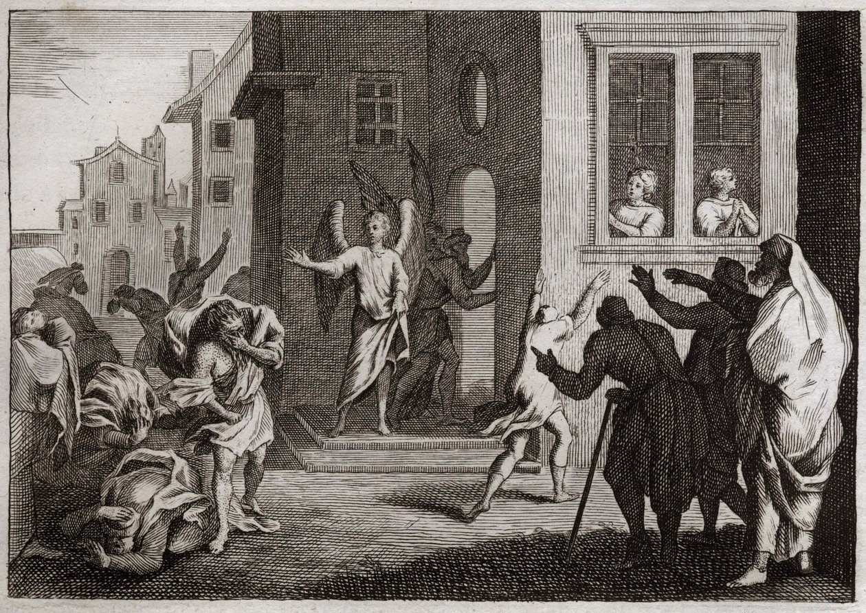 Bible of Royaumont, Old Testament: Crimes of the Sodomites. Loth Receives Angels in His House. The Sodomites Want to Violate Them. The Angels Strike Them Blindly. Illustration from 1811 by Unknown artist