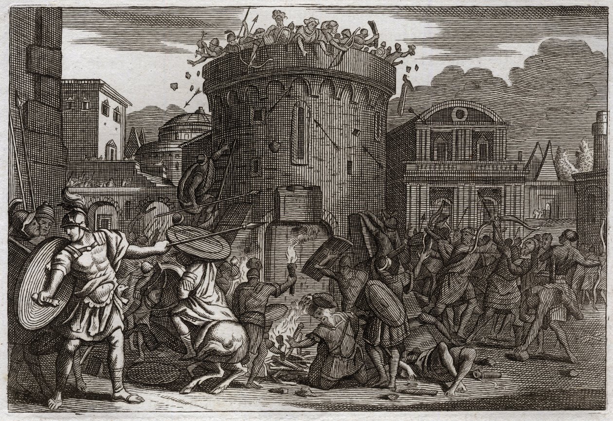 Bible of Royaumont, Old Testament: Death of Abimelech. Abimelech is killed by a woman who crushes him with a stone at the siege of Thebez. Illustration from 1811 by Unknown artist