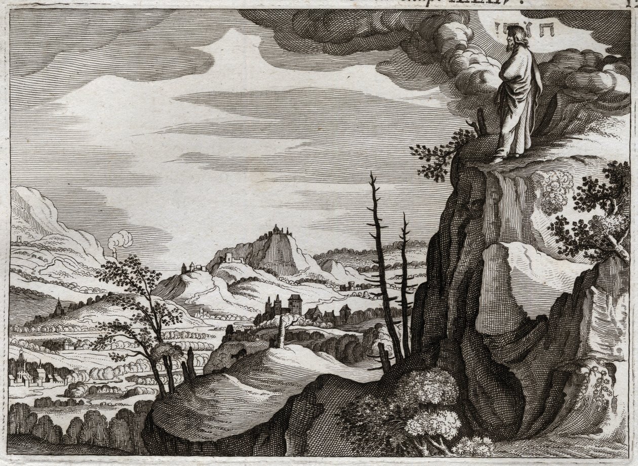 Bible of Royaumont, Old Testament: Death of Moses. God shows Moses the land of Canaan from the top of Mount Nebo, where he dies, without any knowledge of where his body was. Illustration from 1811 by Unknown artist