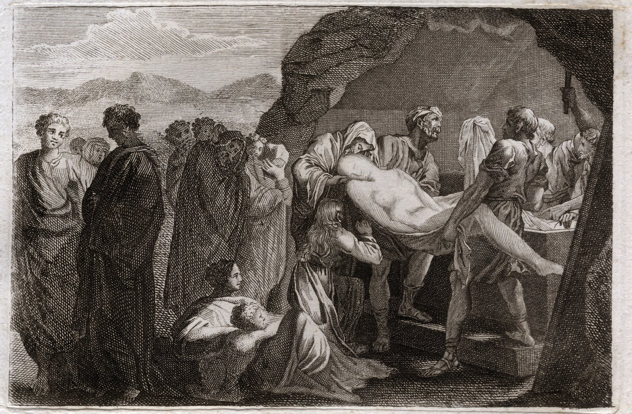 Bible of Royaumont, Old Testament: Death of Sarah. Sarah dies. Abraham buys a sepulchre from the city of Geth to bury her. Illustration from 1811. by Unknown artist
