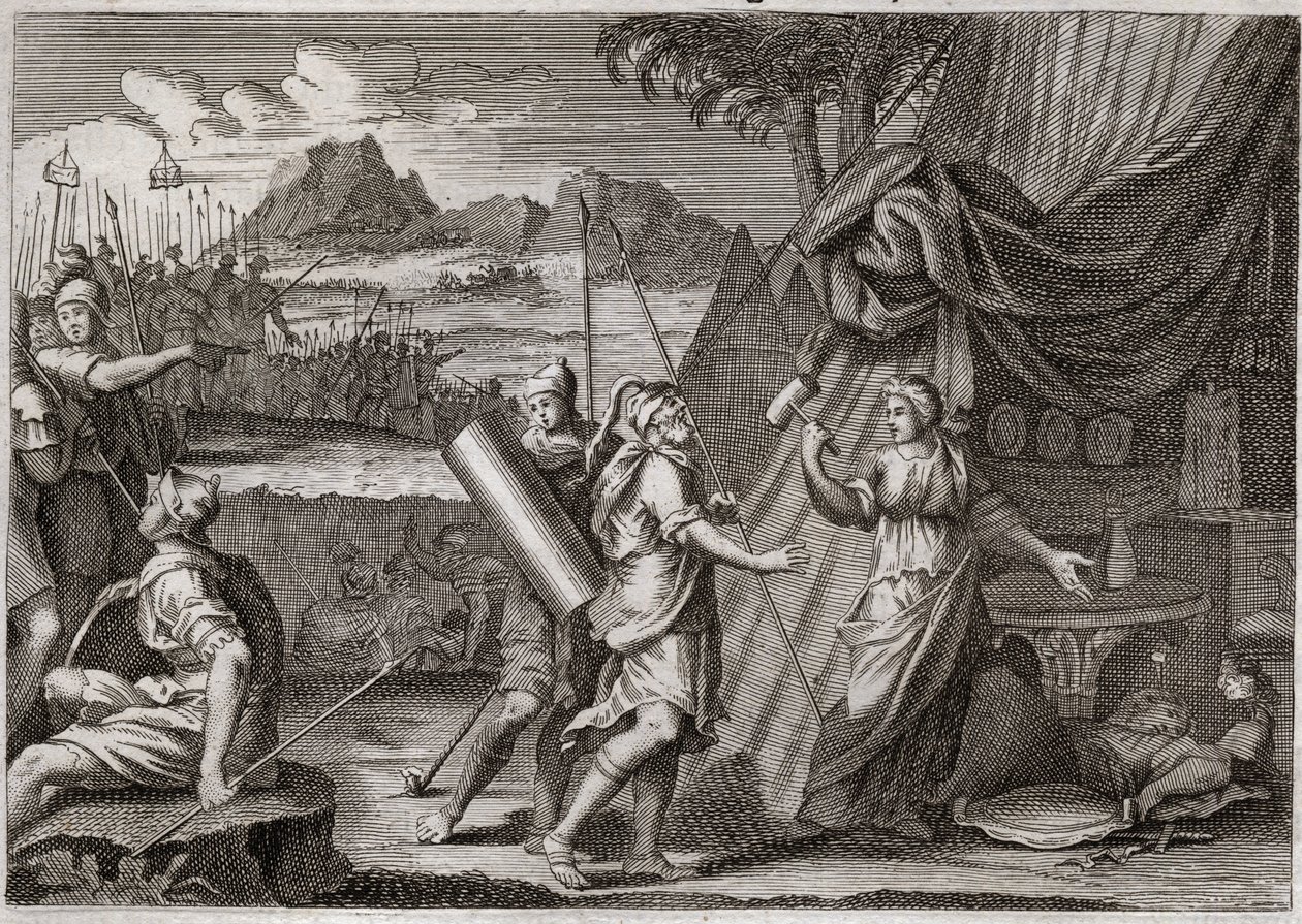 Bible of Royaumont, Old Testament: Death of Sisara. Yael (Jael) kills the head of the Canaan army Sisra (Sisera or Sisara). Illustration from 1811 by Unknown artist