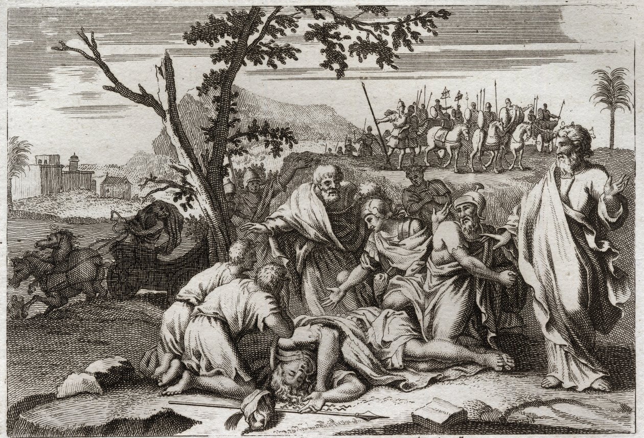 Bible of Royaumont, Old Testament: Death of the wicked Antiochus. The appalling death of King Antiochus IV Epiphanes after a horse fall. Illustration from 1811. by Unknown artist