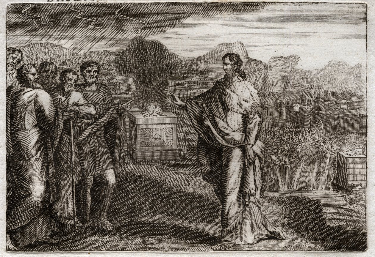 Bible of Royaumont, Old Testament: Defeat of the Philistines. Samuel offers a holocaust to God. Then the Jews defeat the Philistines. Illustration from 1811 by Unknown artist