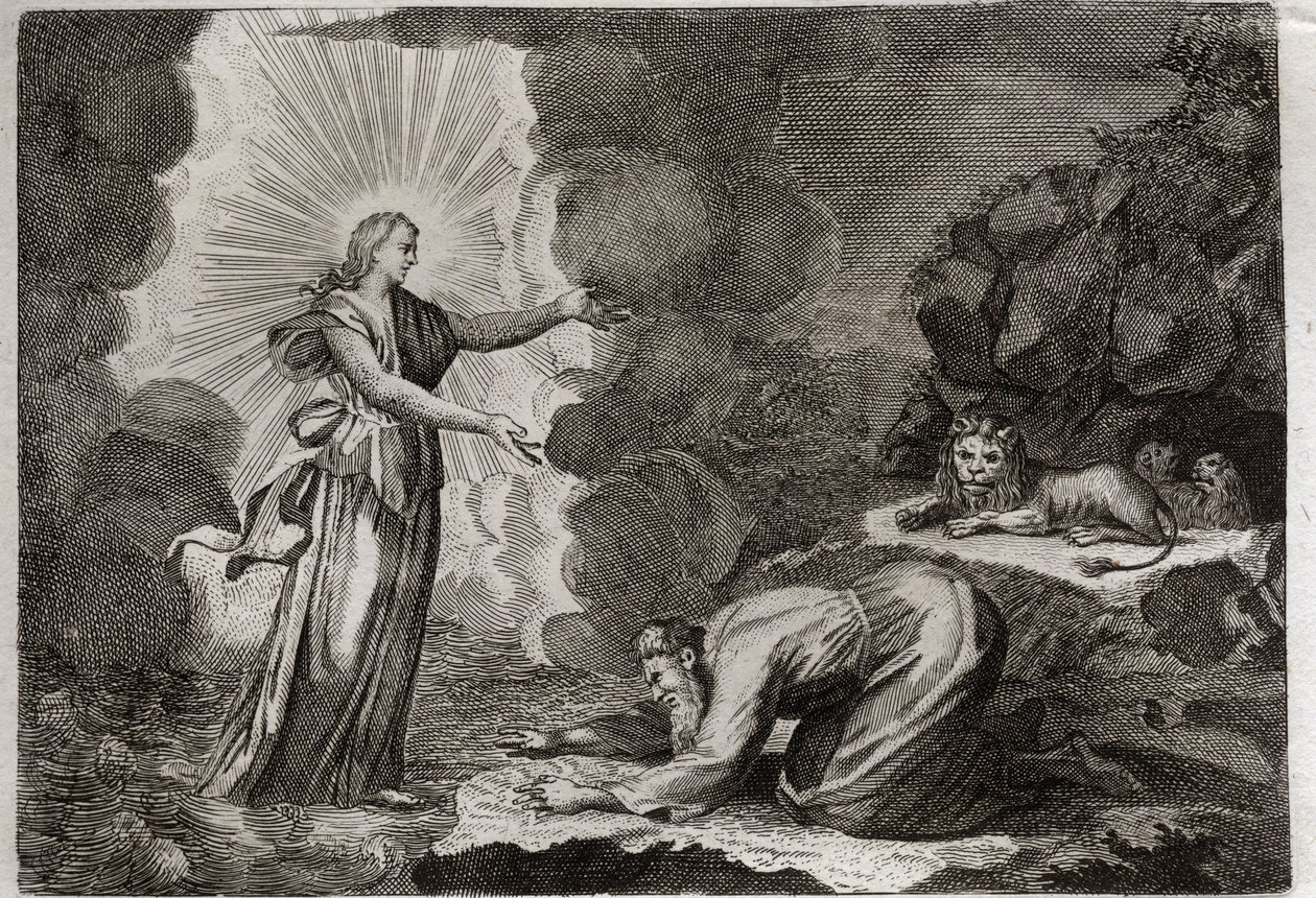 Bible of Royaumont, Old Testament: Deliverance of Daniel. Daniel, in the den of lions, is miraculously drunk. Illustration from 1811. by Unknown artist