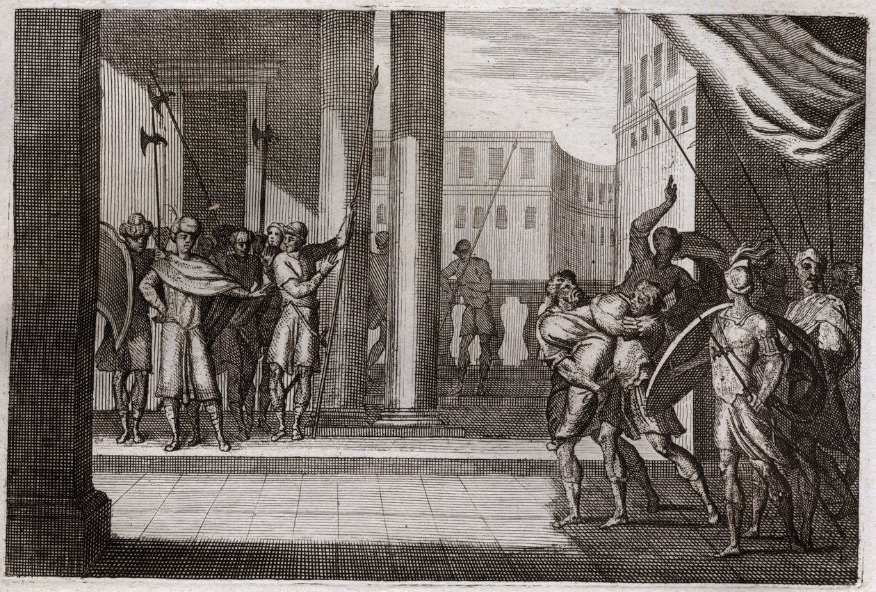 Bible of Royaumont, Old Testament: Dinah went out of curiosity to see the women of Shechem, and the King of that city had made him violence, his brothers took revenge and killed all the people of Shechem with the King. Illustration from 1811. by Unknown artist