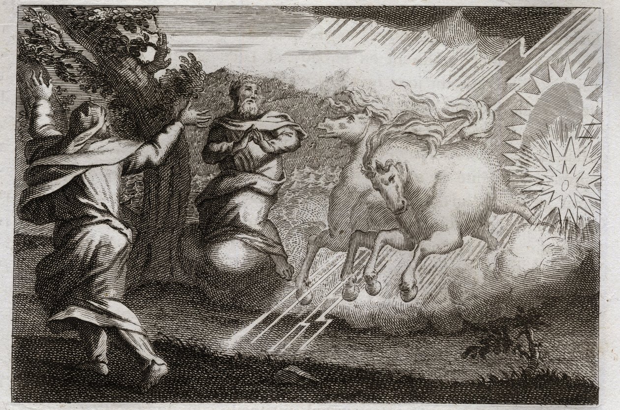Bible of Royaumont, Old Testament: Elijah is taken to heaven. Elijah is taken to heaven in a chariot of fire in the presence of his disciple. Elisha receives from him his double spirit: he divides the water of the Jordan with the mantle of Elijah. Illustra by Unknown artist