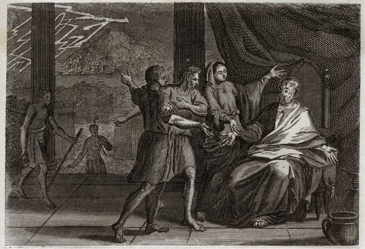 Bible of Royaumont, Old Testament: Friends of Job. Job instead of being consoled by three Princes, his friends, who come to see him, received nothing but grief because they wanted to make him look guilty. Illustration from 1811. by Unknown artist