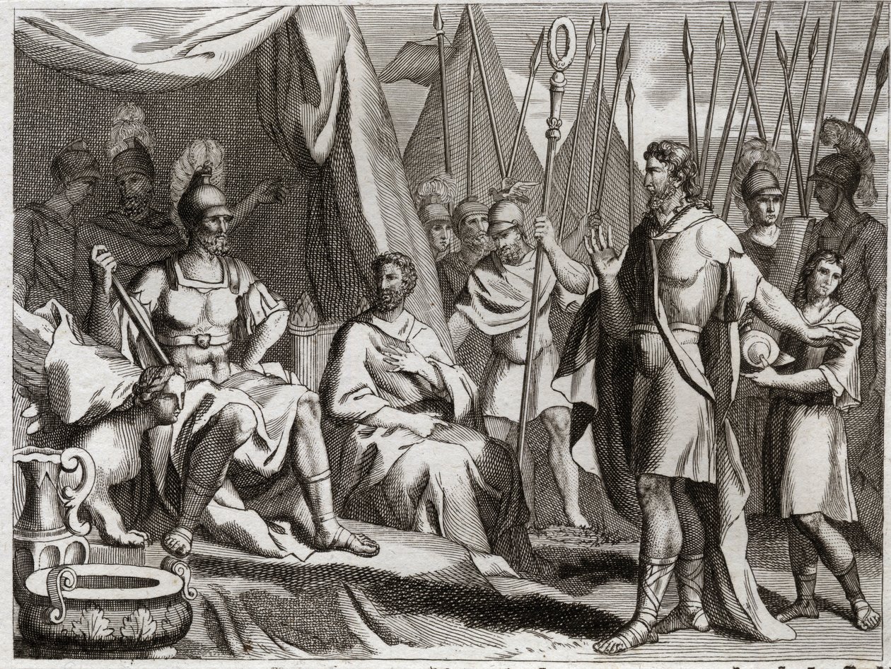 Bible of Royaumont, Old Testament: Holoferne. General of the Arm of Nebuchadnezzar II, Holoferne approaches Judea. Ahior, King of the Ammonites, who came to give back to him, lifts up before Holoferne the power of the God of the Jews. Illustration from 181 by Unknown artist