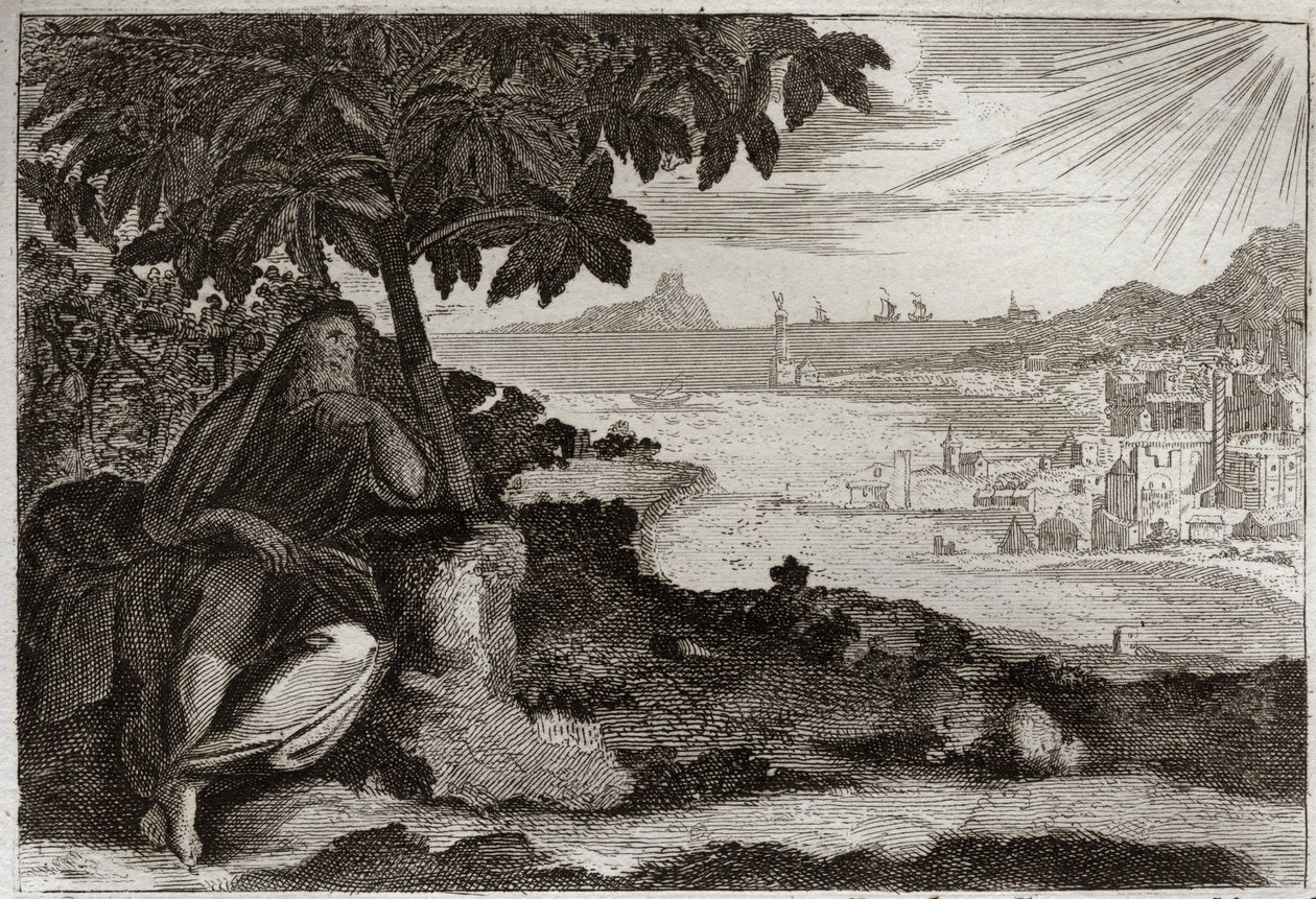 Bible of Royaumont, Old Testament: Ivy dried up. God shows by a sensitive example, to his Prophet Jonah, how much he loves men, and how much pain he suffers when he is forced to punish them. Illustration from 1811. by Unknown artist