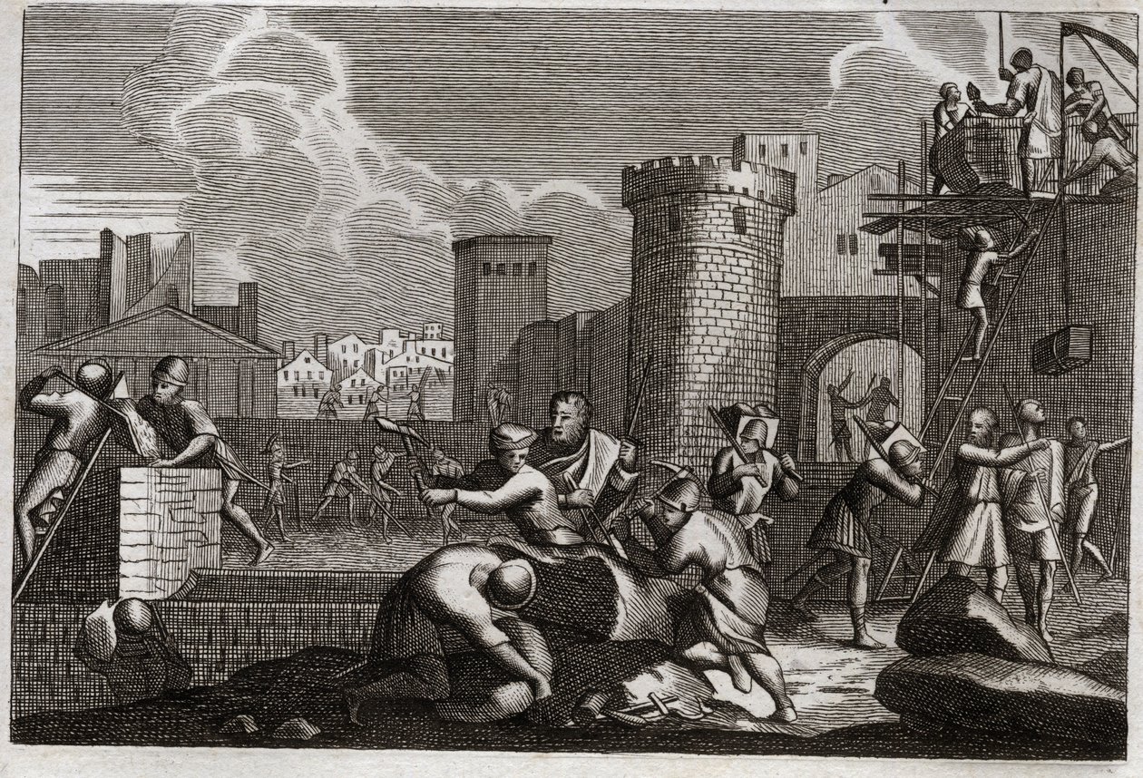 Bible of Royaumont, Old Testament: Jerusalem rebatie. King Artaxerxes I sent Nehemia to Jerusalem with permission to rebuild all its walls. Illustration from 1811 by Unknown artist