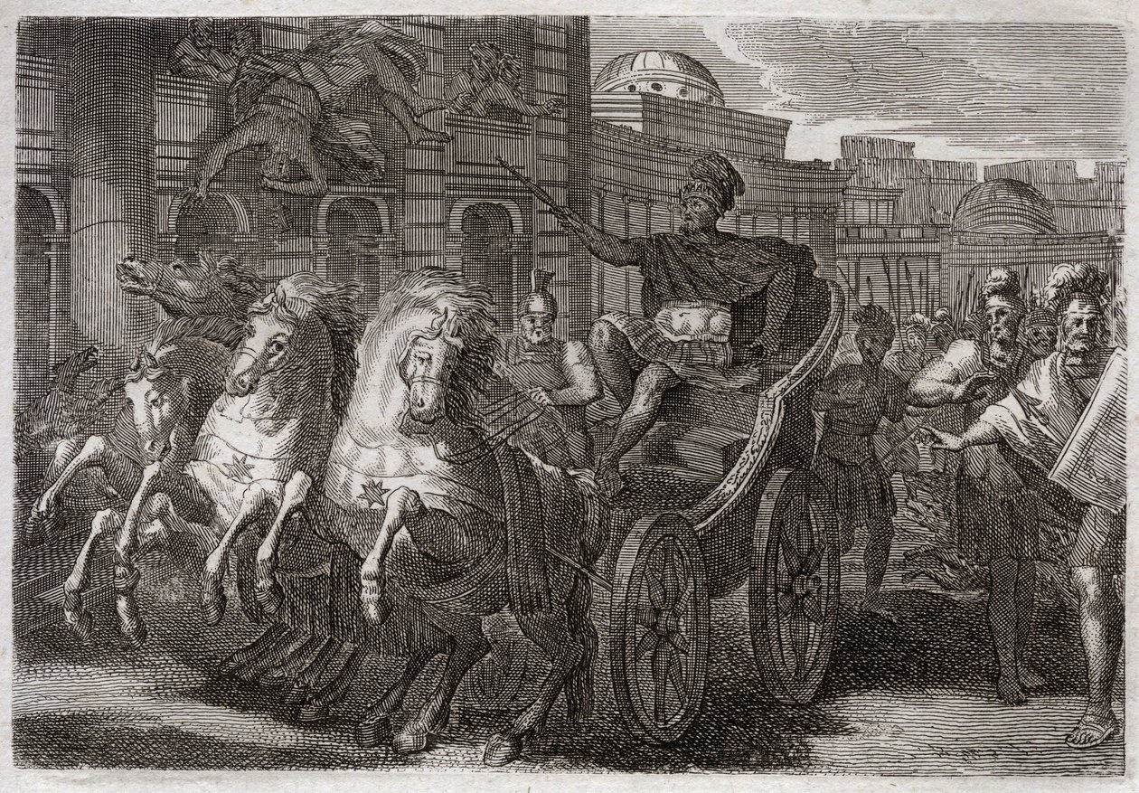 Bible of Royaumont, Old Testament: Jezebel eaten by dogs. Jehu has Jezebel thrown out of a window, and she is eaten by dogs. Illustration from 1811. by Unknown artist