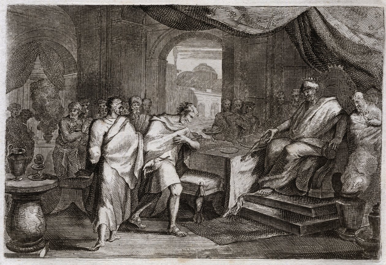Bible of Royaumont, Old Testament: Joachim released from irons. Evilmerodach, King of Babylon, after the death of Nebuchadnezzar II, treats Joachim, once King of Judah, and releases him from irons to sit on the throne. Illustration from 1811 by Unknown artist