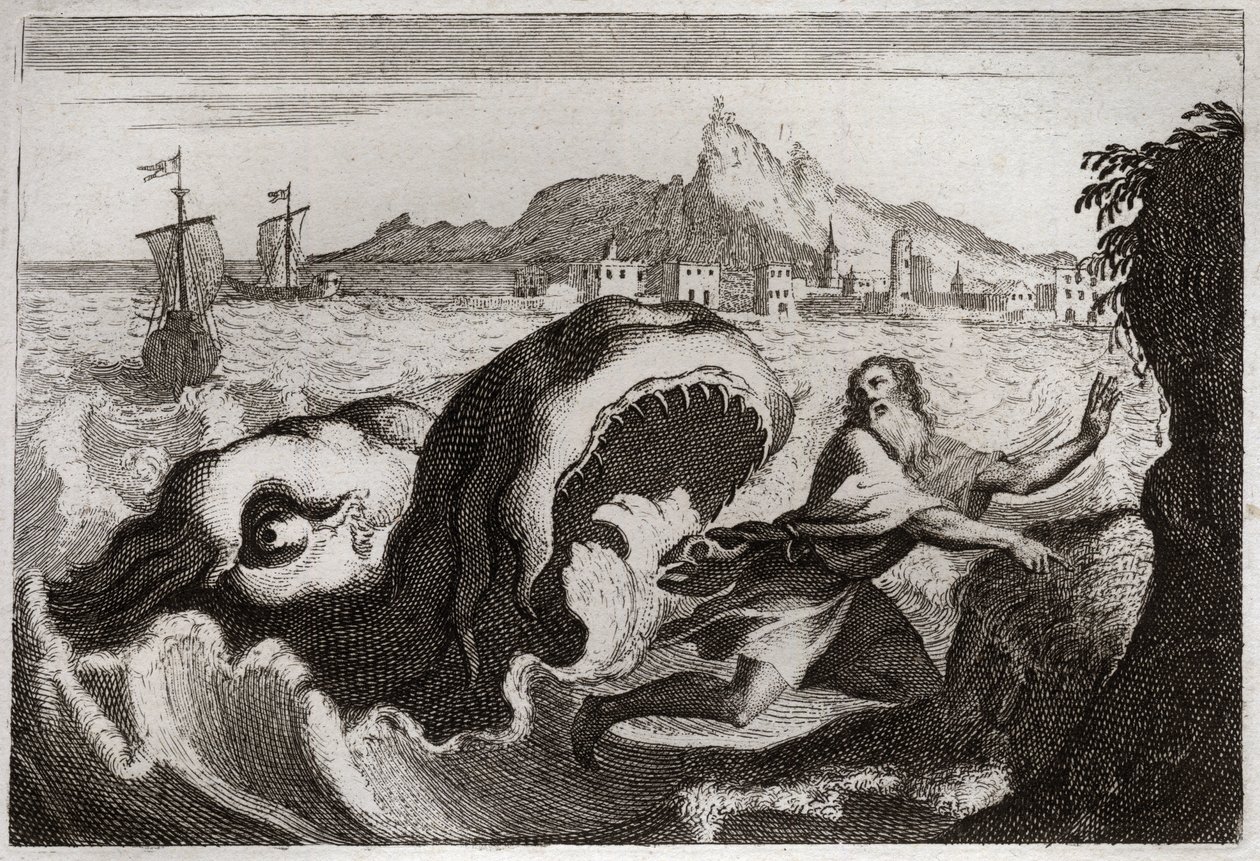 Bible of Royaumont, Old Testament: Jonah in the whale. Prophet Jonah lives in a whale, and comes out alive. Illustration from 1811. by Unknown artist