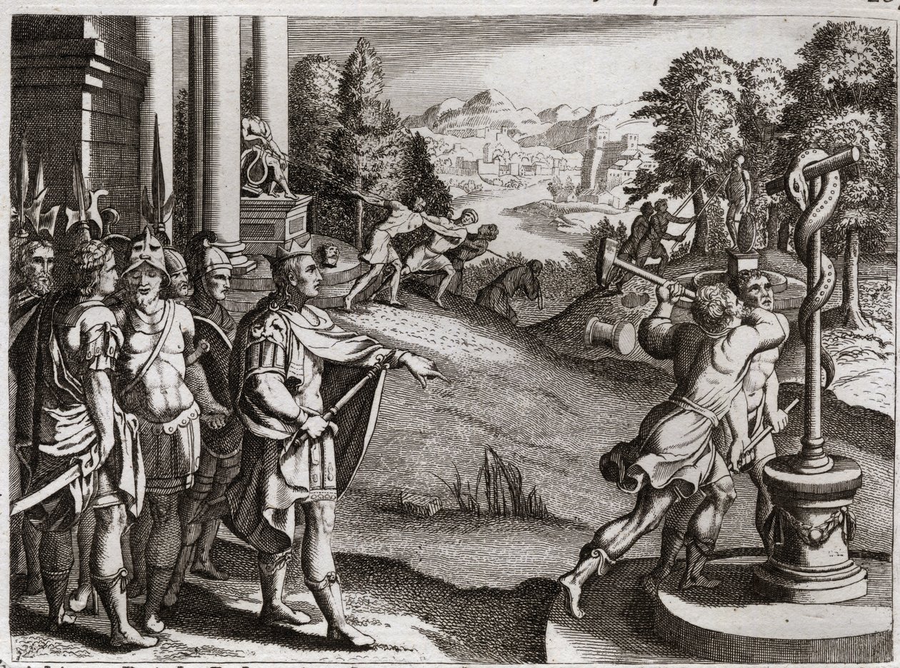 Bible of Royaumont, Old Testament: King Ezechias. Ezekiah, King of Judah, applies to the worship of God and causes the idols that his people worshipped before they became King. Illustration from 1811 by Unknown artist